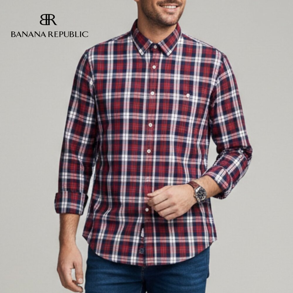 Banana Republic Slim Fit Plaid Shirt Mens Large L Red Navy White Button Down LS